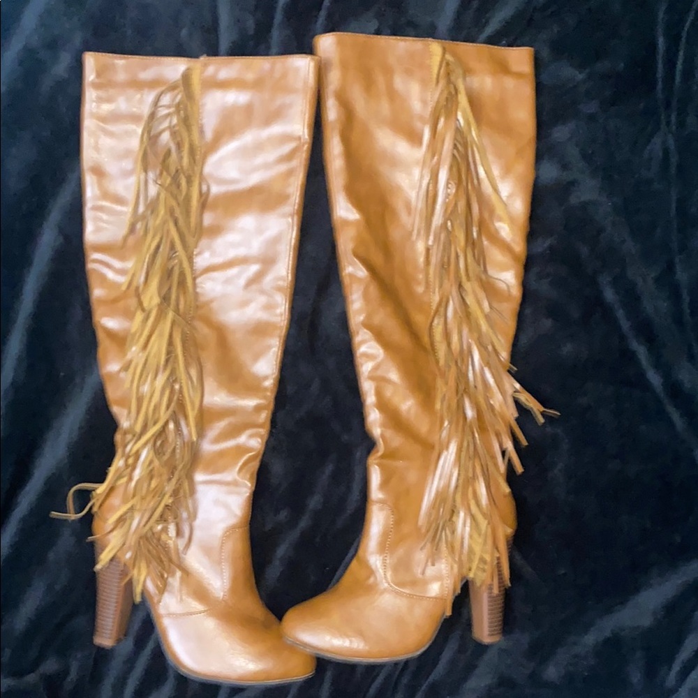 Fringed Tan Leather Knee-High Boots